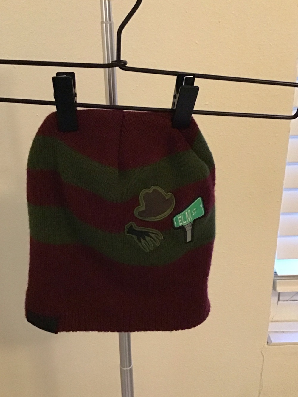 Kids Maroon and Olive Striped Beanie Hat with Elm St. Patch